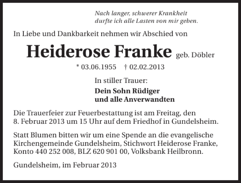  Traueranzeige für Heiderose Franke vom 06.02.2013 aus 