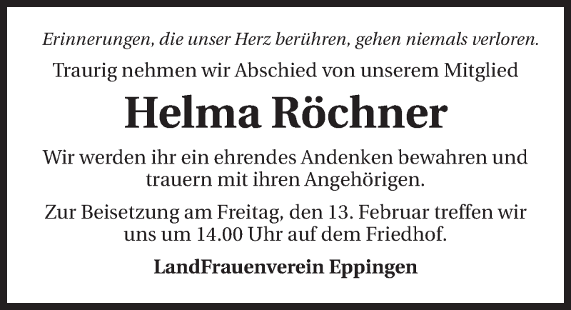  Traueranzeige für Helma Röchner vom 11.02.2015 aus 