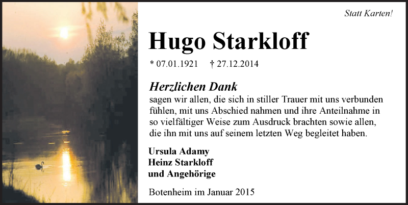  Traueranzeige für Hugo Starkloff vom 10.01.2015 aus 
