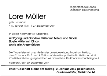 Traueranzeige von Lore Müller 