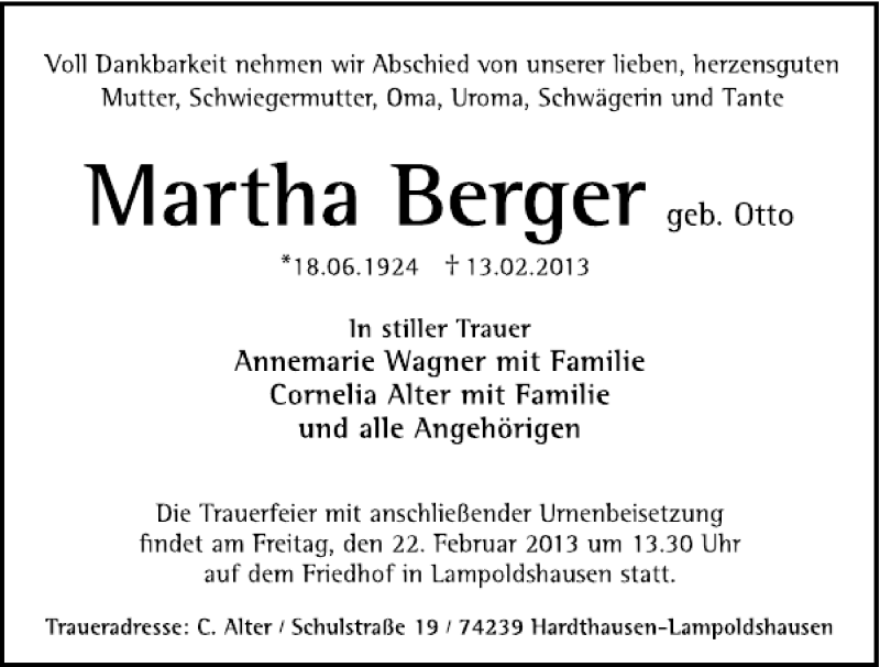  Traueranzeige für Martha Berger vom 20.02.2013 aus 