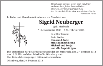 Traueranzeige von Sigrid Neuberger 