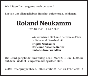 Traueranzeige von Roland Neukamm 