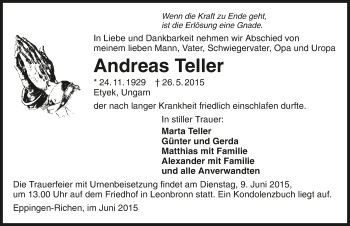 Traueranzeige von Andreas Teller 