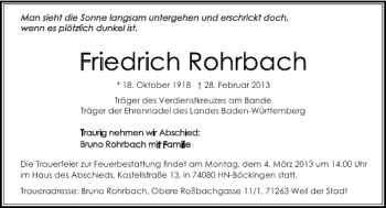 Traueranzeige von Friedrich Rohrbach 