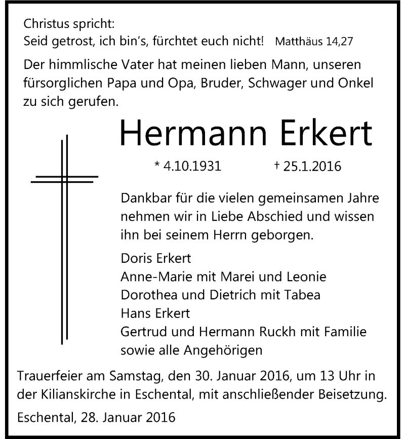  Traueranzeige für Hermann Erkert vom 28.01.2016 aus 