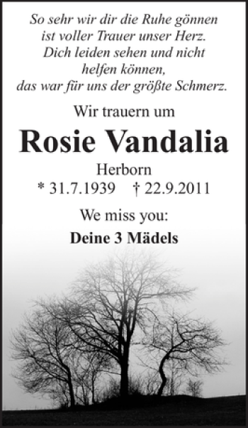 Traueranzeige von Rosie Vandalia 