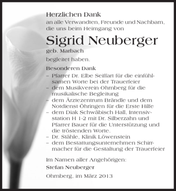 Traueranzeige von Sigrid Neuberger 