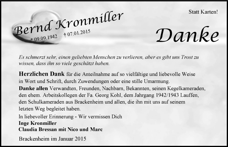  Traueranzeige für Bernd Kronmiller vom 31.01.2015 aus 