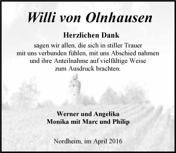 Traueranzeige von Willi von Olnhausen 