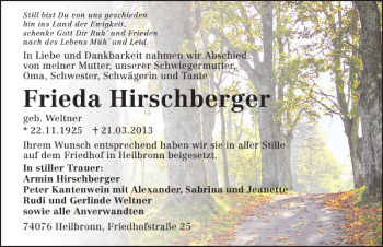 Traueranzeige von Frieda Hirschberger 