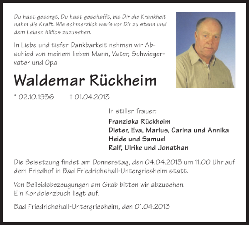  Traueranzeige für Waldemar Rückheim vom 03.04.2013 aus 