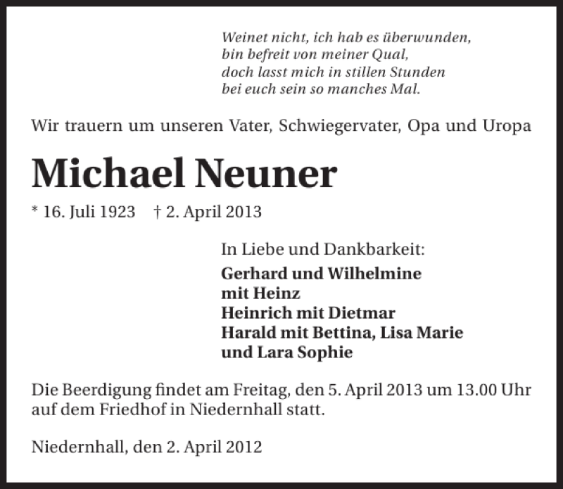  Traueranzeige für Michael Neuner vom 03.04.2013 aus 