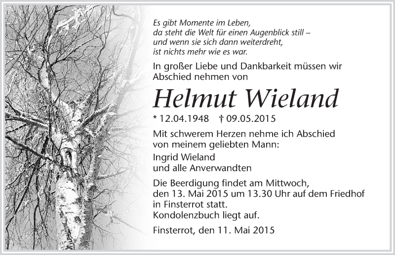  Traueranzeige für Helmut Wieland vom 11.05.2015 aus 