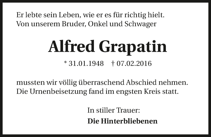  Traueranzeige für Alfred Grapatin vom 05.03.2016 aus 