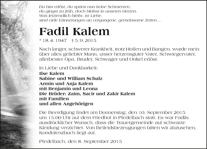  Traueranzeige für Fadil Kalem vom 08.09.2015 aus 