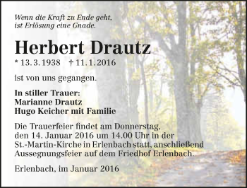 Traueranzeige von Herbert Drautz 