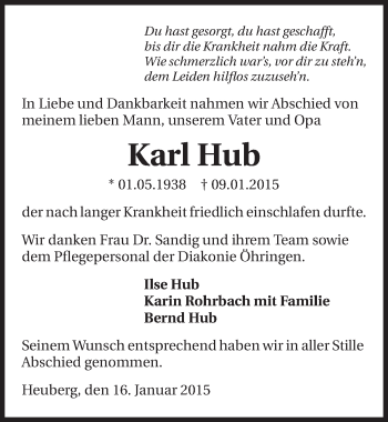 Traueranzeige von Karl Hub 