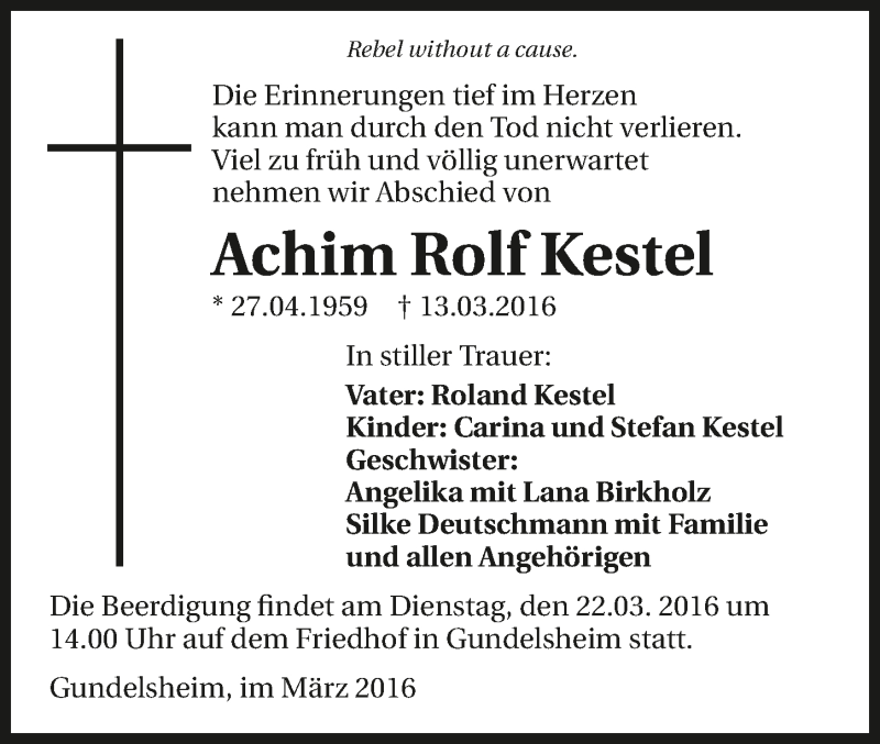  Traueranzeige für Achim Rolf Kestel vom 19.03.2016 aus 