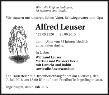 Traueranzeige von Alfred Leuser 