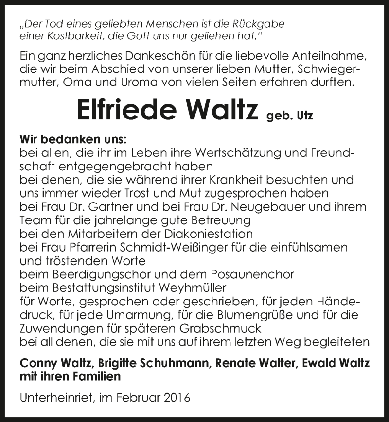  Traueranzeige für Elfriede Waltz vom 06.02.2016 aus 