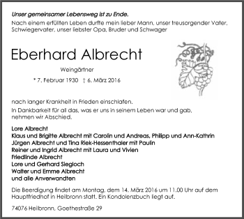 Traueranzeige von Eberhard Albrecht 