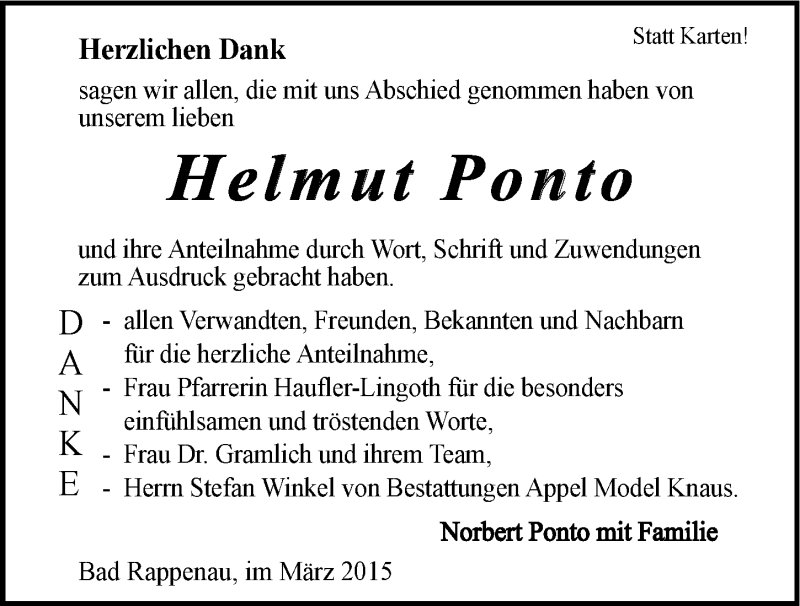  Traueranzeige für Helmut Ponto vom 07.03.2015 aus 