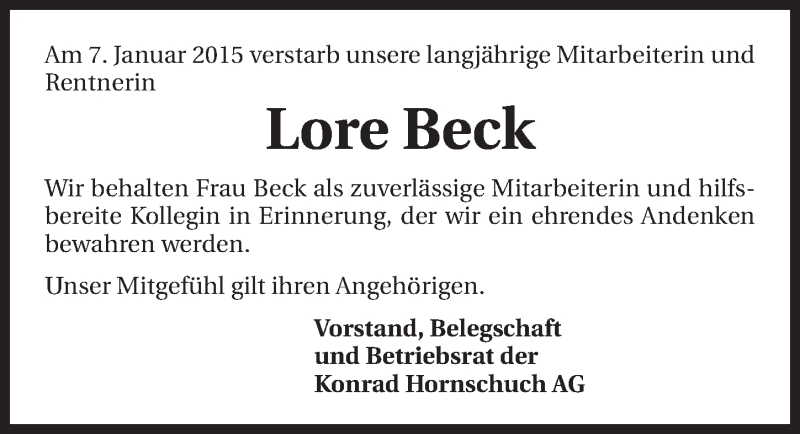 Traueranzeige für Lore Beck vom 16.01.2015 aus 