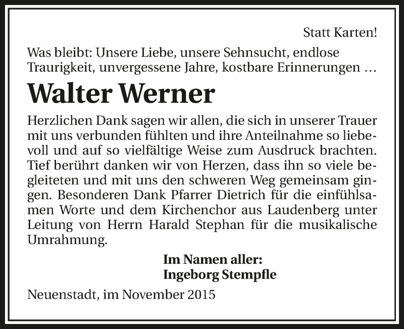  Traueranzeige für Walter Werner vom 27.11.2015 aus 