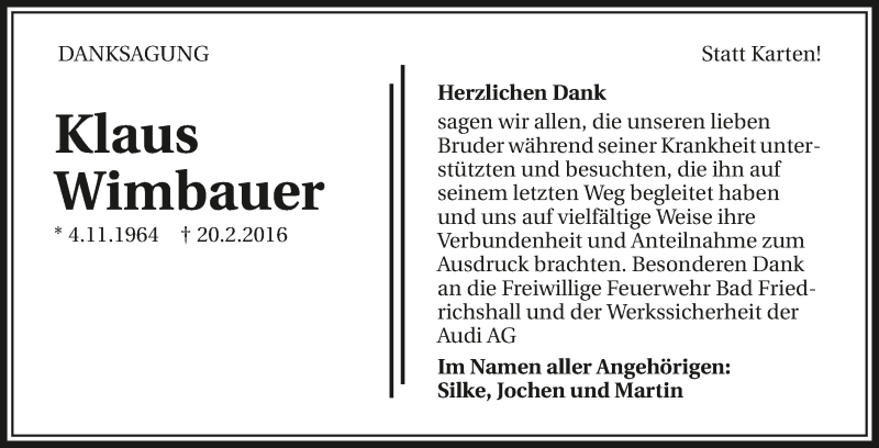  Traueranzeige für Klaus Wimbauer vom 12.03.2016 aus 
