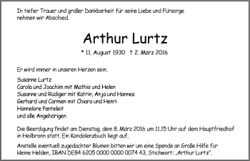 Traueranzeige von Arthur Lurtz 