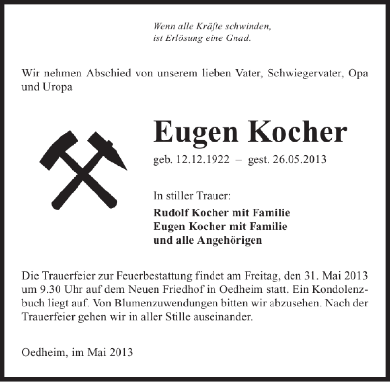  Traueranzeige für Eugen Kocher vom 28.05.2013 aus 