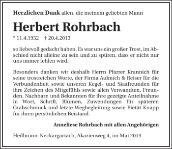 Traueranzeige von Herbert Rohrbach 