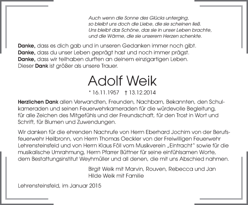  Traueranzeige für Adolf Weik vom 24.01.2015 aus 
