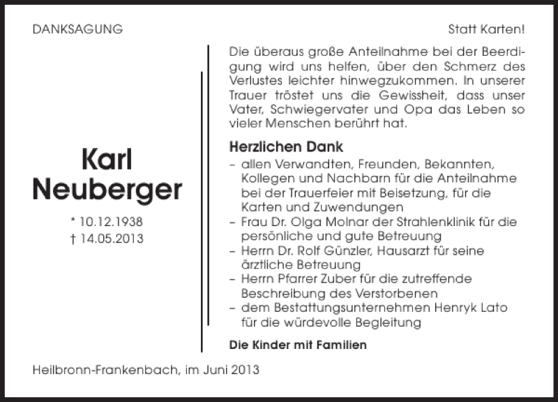  Traueranzeige für Karl Neuberger vom 08.06.2013 aus 
