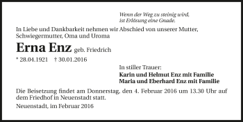Traueranzeige von Erna Enz 