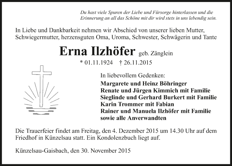  Traueranzeige für Erna Ilzhöfer vom 30.11.2015 aus 