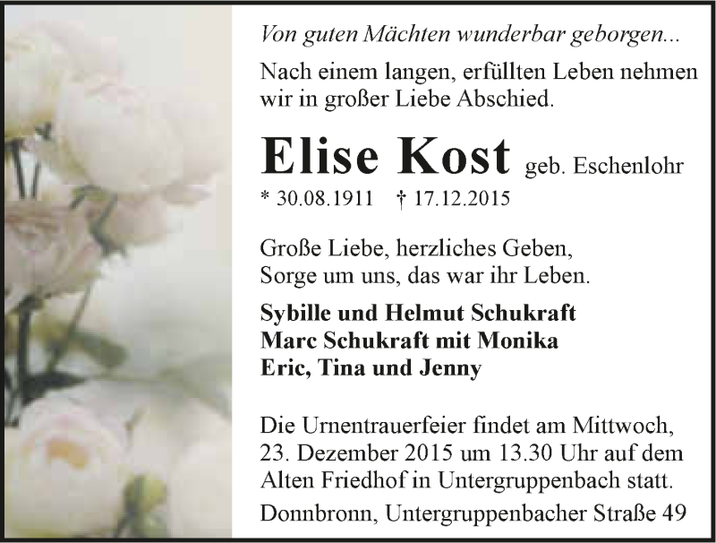  Traueranzeige für Elise Kost vom 19.12.2015 aus 