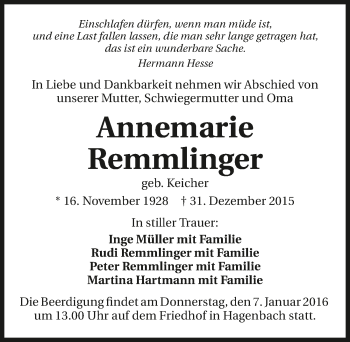 Traueranzeige von Annemarie Remmlinger 