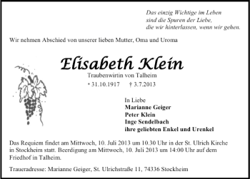 Traueranzeige von Elisabeth Klein 
