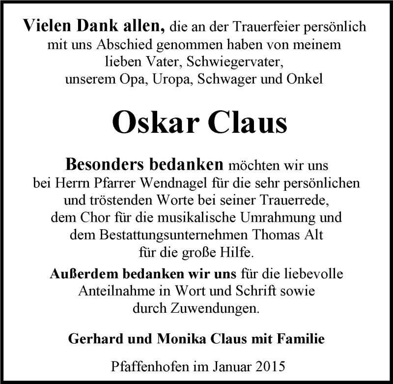  Traueranzeige für Oskar Claus vom 14.01.2015 aus 