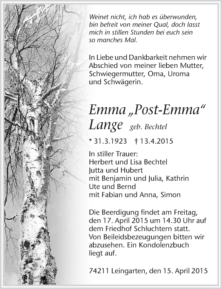  Traueranzeige für Emma Lange vom 15.04.2015 aus 