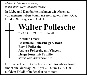 Traueranzeige von Walter Pollesche 