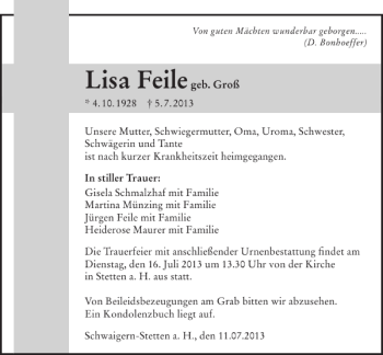 Traueranzeige von Lisa Feile 