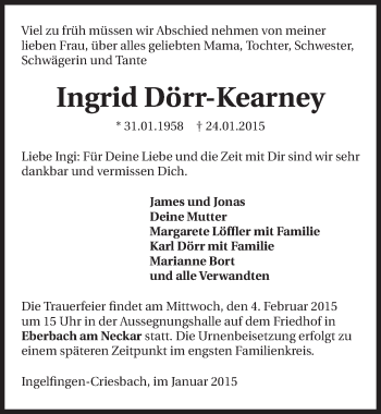 Traueranzeige von Ingrid Dörr-Kearney 