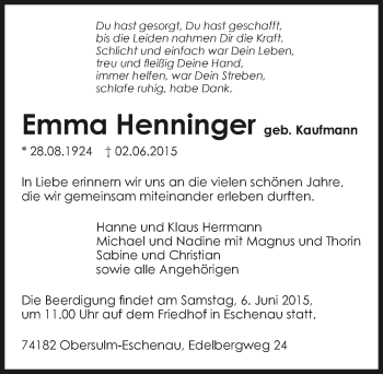 Traueranzeige von Emma Henninger 