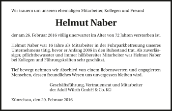 Traueranzeige von Helmut Naber 