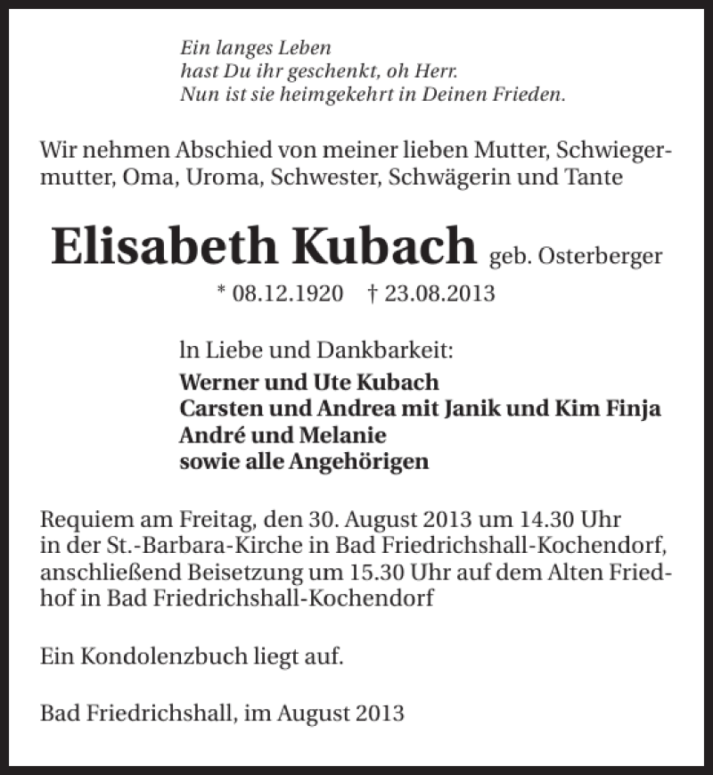  Traueranzeige für Elisabeth Kubach vom 28.08.2013 aus 