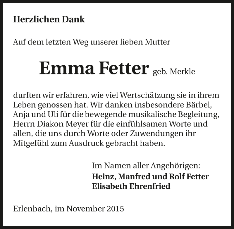  Traueranzeige für Emma Fetter vom 03.11.2015 aus 