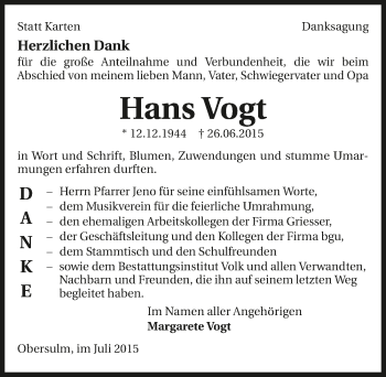 Traueranzeige von Hans Vogt 